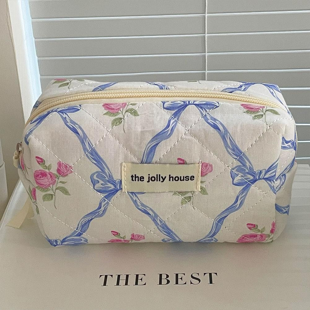 Cute Bow Flower Cloth Handbag Quilting Cotton Makeup Bag Women Zipper Cosmetic Organizer Portable Toiletry Case for Girls