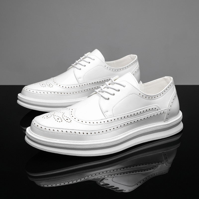 Fashion Derby Leather Men Shoes White Brogue Lace Up Solid Simple Dress Business Casual Party Wedding Flat Shoes For Man