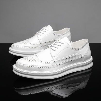 Fashion Derby Leather Men Shoes White Brogue Lace Up Solid Simple Dress Business Casual Party Wedding Flat Shoes For Man