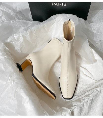 Autumn and Winter New Brown Short Boots with Velvet Coarse Heel French Ankle Boots and Back Zipper Square Head Boots