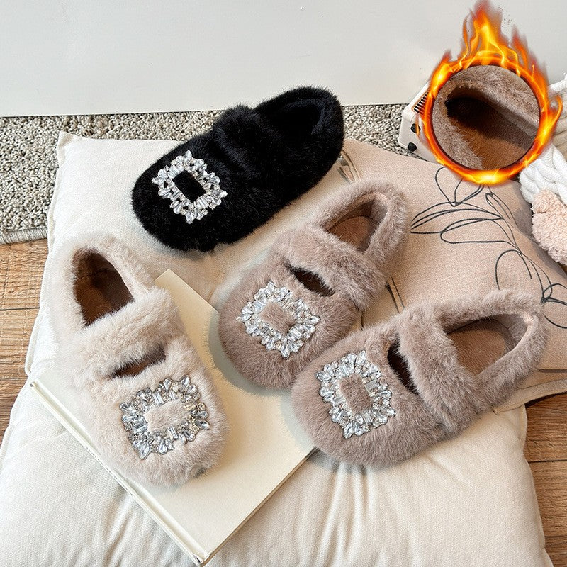 2025 Autumn Winter Children Warm Fur Shoes Fashion Rhinestone Moccasins Flats Outwear Girls Shoes Khaki, Beige, White