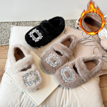 2025 Autumn Winter Children Warm Fur Shoes Fashion Rhinestone Moccasins Flats Outwear Girls Shoes Khaki, Beige, White