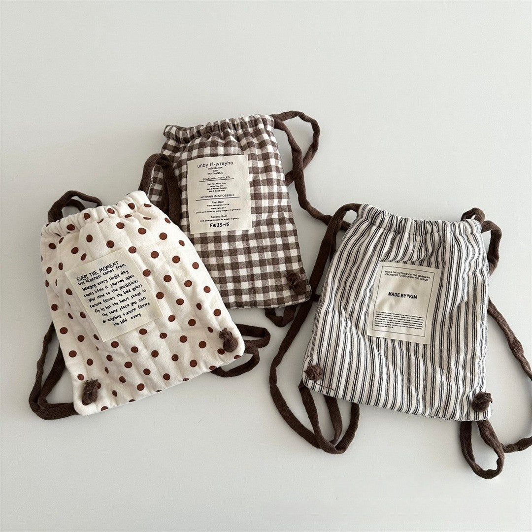 Mochila de cordão estilo coreano para bebês, inverno, bolinhas, listras, xadrez, leve, bolsa de ombro para crianças