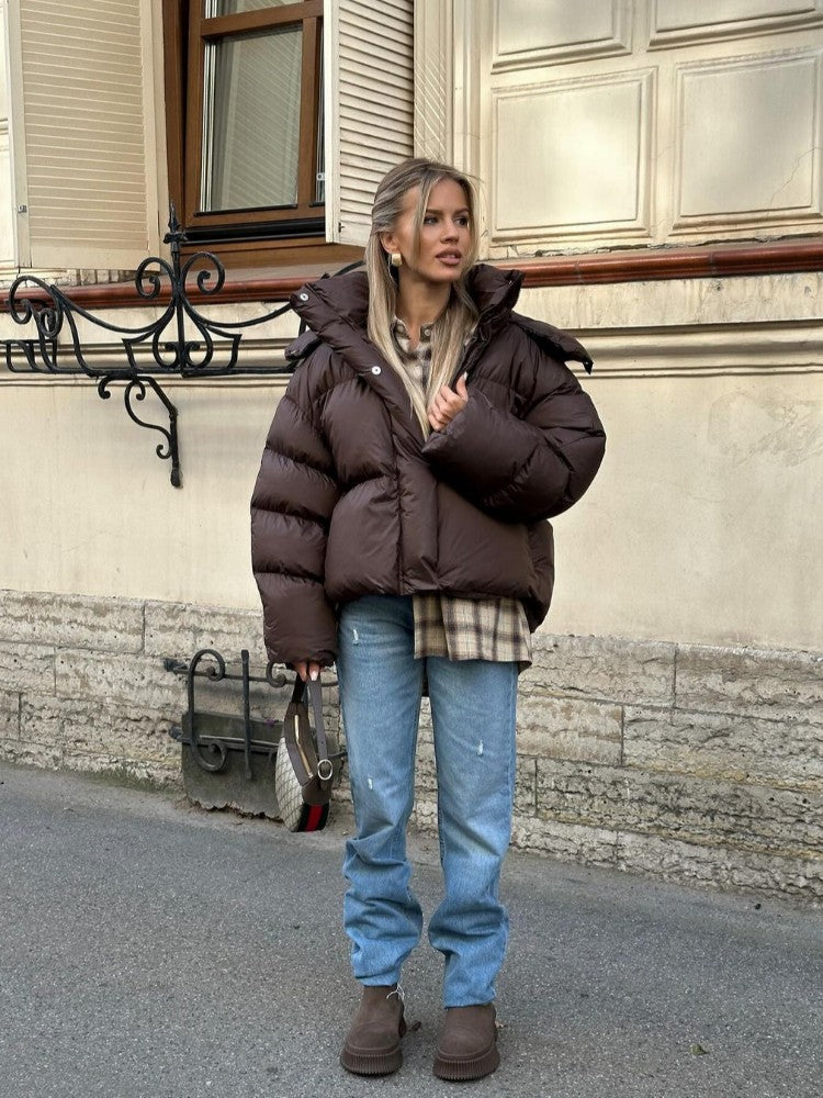 Women Brown Hooded Cotton Coat Fashion Lapel Full Sleeve Zipper Button Warm Loose Short Coats Lady Winter Casual Street Outwear