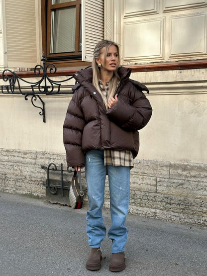 Women Brown Hooded Cotton Coat Fashion Lapel Full Sleeve Zipper Button Warm Loose Short Coats Lady Winter Casual Street Outwear