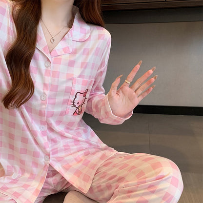 Hello Kitty and Plaid Pajama Set for Women Winter Checked Sleepwear Long Sleeve Home Outfit Autumn Loungewear Korean Fashion