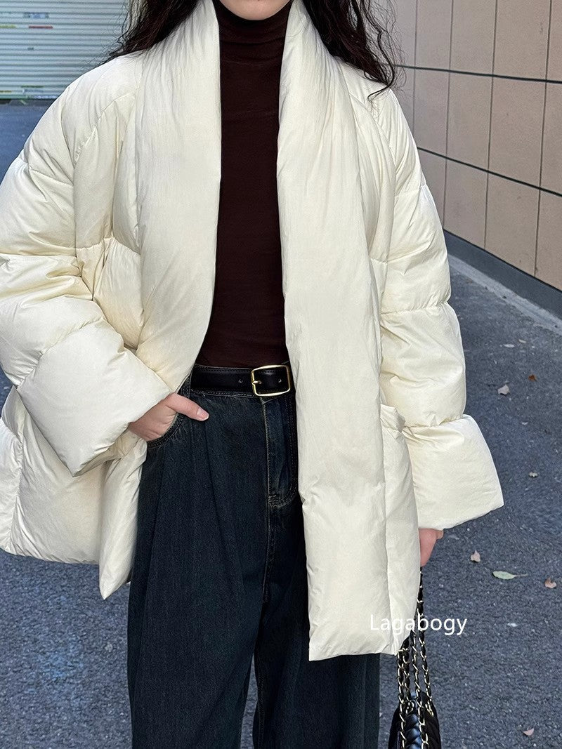 Lagabogy 2025 Winter Belt Waist-Tight Elegant Warm 90% White Duck Down Jacket Female Long Sleeve Solid Color V-neck Puffer Coat