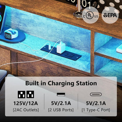 King Size Bed Frame with Storage Drawers and Bookcase Headboard, Wooden Platform King Bed with LED Lights and Charging Station,