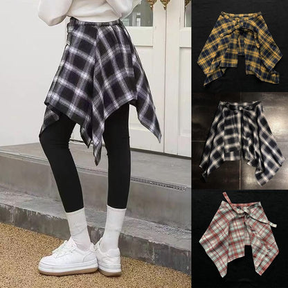 Hip Hop Irregular Men And Women Fake Shirt Hem Plaid Skirt  Y2k Streetwear Harajuku Vintage Sports Street Women Fart Curtain