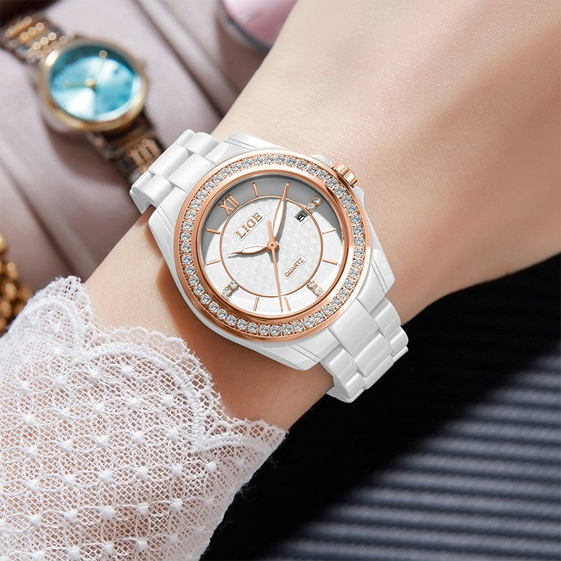 LIGE Fashion Quartz Watch for Women Stainless Steel Ceramics Strap Waterproof Women's Watches Elegant Luxury Ladies Wristwatch