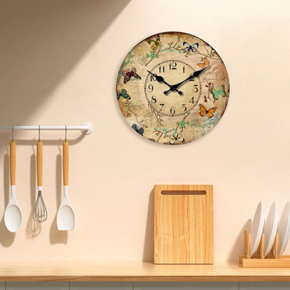 1pc 10-16inch wooden wall clock, retro flower and colorful butterfly design wall clock, silent clock, suitable for living room b
