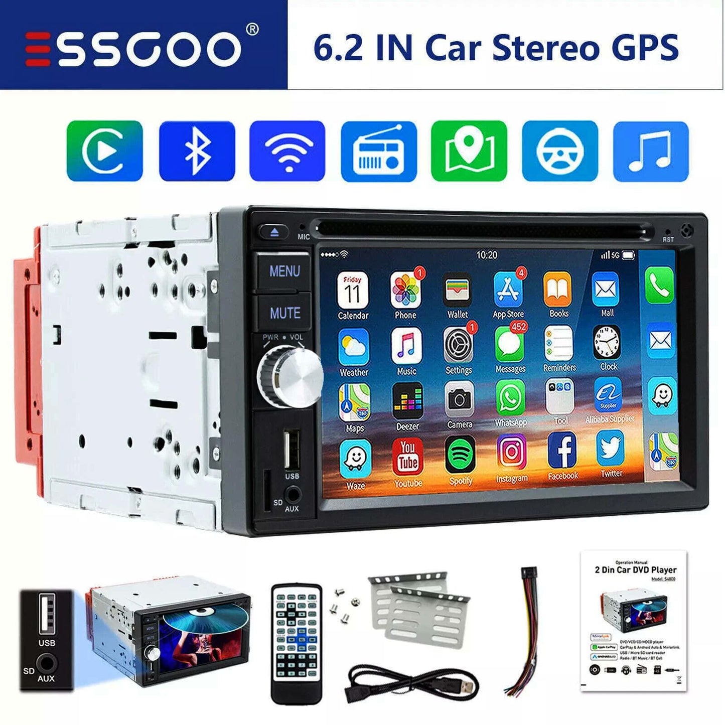 ESSGOO Universal Double 2 Din 6.2" Car Stereo Radio CD DVD Multimedia Video MP5 Player Wireless Carplay & Android Auto USB BT