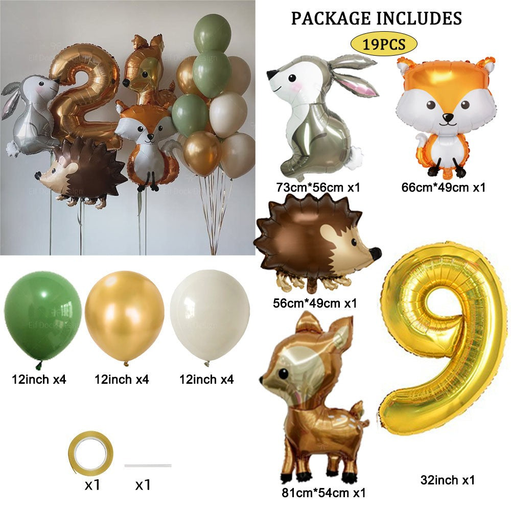 19pcs Hedgehog Deer Fox Rabbit Balloon Set Gold Number Balloon Woodland Animal Happy Birthday Party Decorations