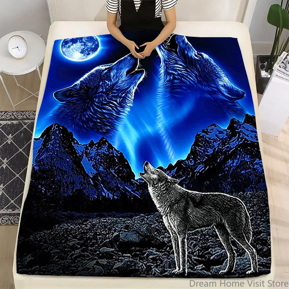Howling Wolf Print Flannel Plush Throw Blanket – Super Soft, Cozy Throw with Majestic Wolf & Mountain Design for Bedroom or Sofa