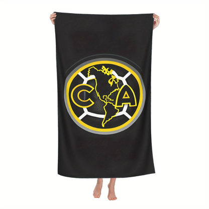 Club América Soccer-Themed Quick-Dry Microfiber Beach Towel – Lightweight, Absorbent, Black with Yellow & White Logo Design