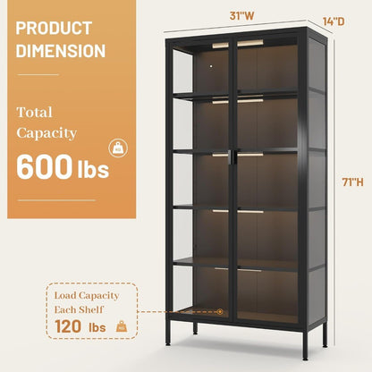 Glass Door Display Cabinet with 71 H, 5 Shelves, LED Sensor Lighting for Curio Showcases