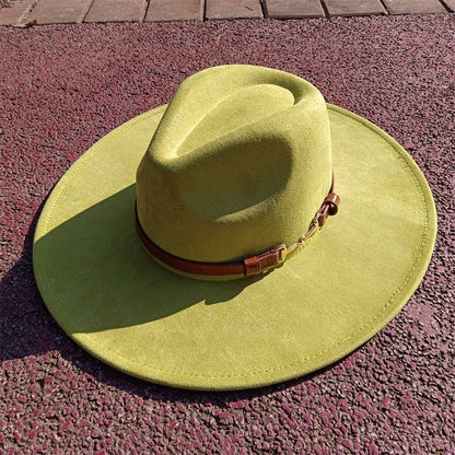 Suede fedora hat with same color accessories teardrop top wide brim hat for men and women Panama hat chapeau homme   sombrero