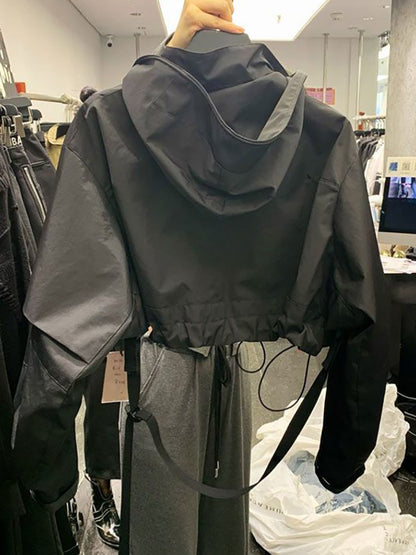 Fashion Short Hooded Jacket 2025 New Spring Black Loose Motorcycle Coats Female Street  Windbreak Short Basic Coat