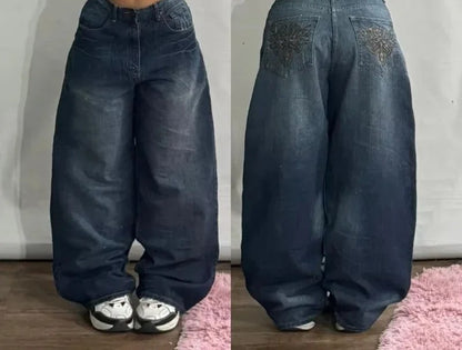 Gothic New Fashion Heavy Industry Washing Equipment Multi-pocket Jean Women Y2K Rock Popular Hiphop High Waist Wide-leg Trousers