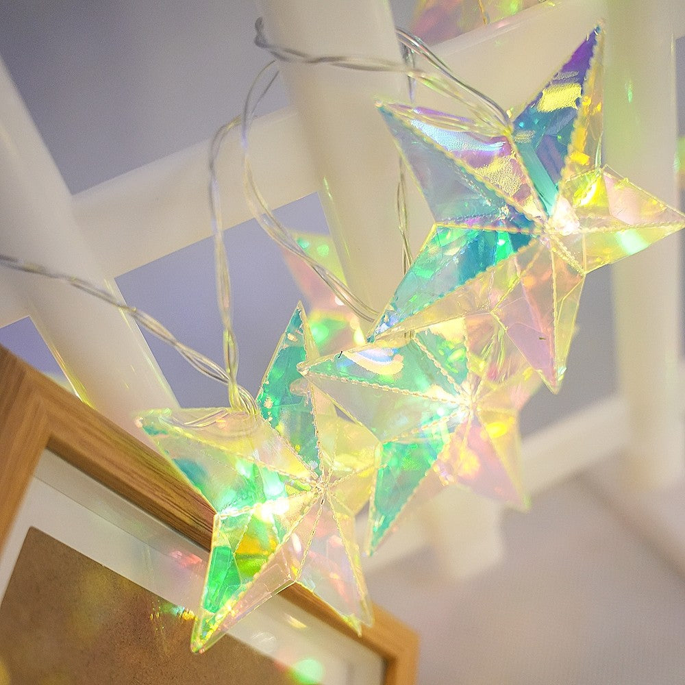 Iridescent 3D Prism Star LED String Lights, Battery Powered Fairy Lights for Indoor Bedroom, Wedding, Window & Home Party Decor