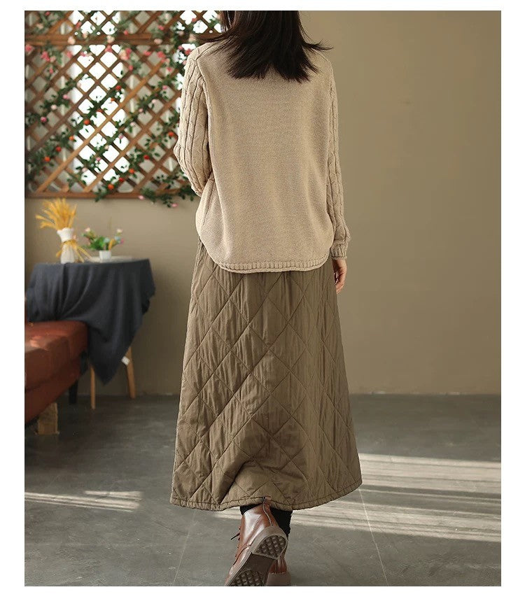 Retro Warm Cotton Quilted Long Midi Skirt High Waist A-Line Skirt for Middle-Aged And ly Women Diamond Patterned f Skirt