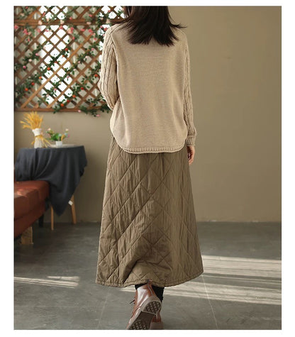 Retro Warm Cotton Quilted Long Midi Skirt High Waist A-Line Skirt for Middle-Aged And ly Women Diamond Patterned f Skirt