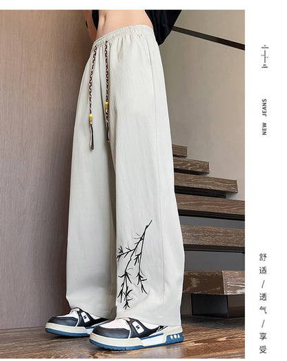 Novas Calças de Seda Gelo Chinesas Masculinas Verão Fina Solta Perna Larga Marca de Moda Seda Gelo Estilo Chinês Calças Casuais Bordadas Frescas