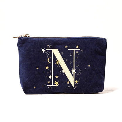 Alphabet Print Velvet Clutch Makeup Bag - Fashionable Cosmetic Pouch with Glittering Star Motif