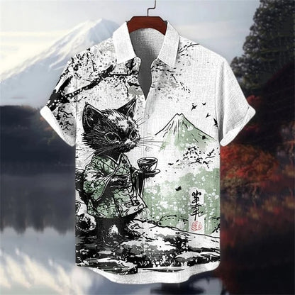 Hawaiian Summer 3D Cat Printed Men's Linen Shirt Casual Short Sleeve Shirt Loose, Vintage, Funny Men's Costume