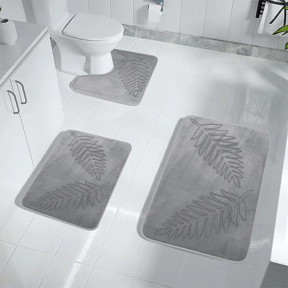 Conjunto de 3 Peças de Tapetes de Banheiro em Espuma de Memória, Ultramacios e Absorventes, com Estampa de Folhas, Tapetes de Banho Grossos e Laváveis Para Vaso Sanitário e Banheira