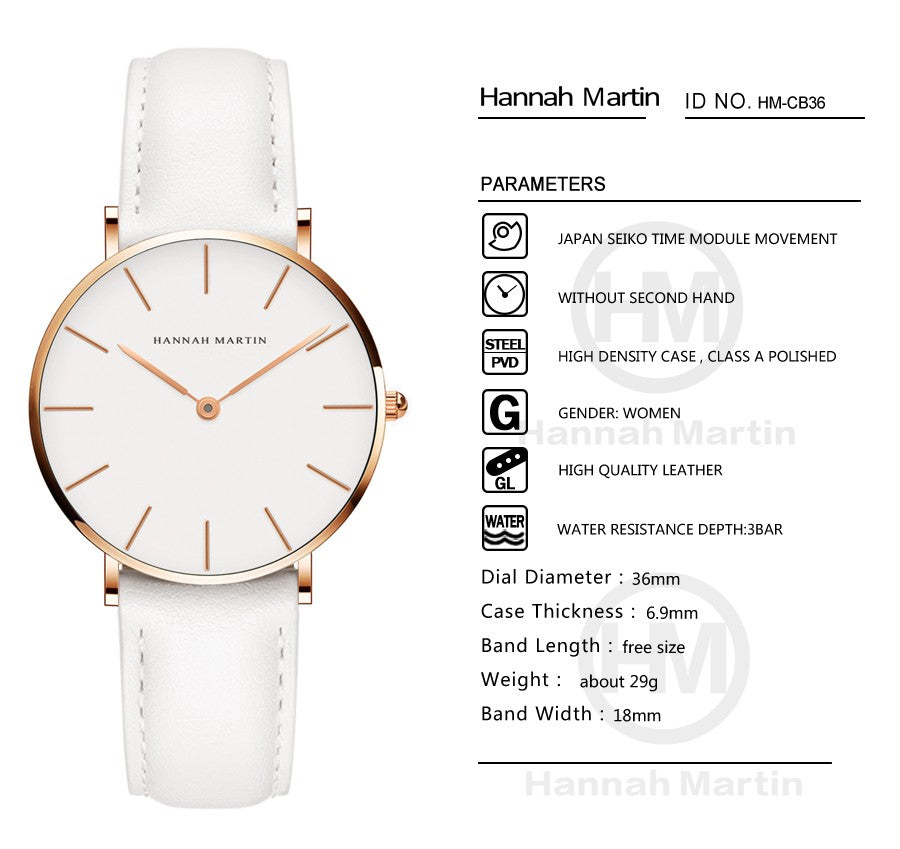 Hannah Martin Brand Japan Quartz Movement Women Fashion Watch Leather Strap Lady Wristwatches Waterproof Clock relogio feminino