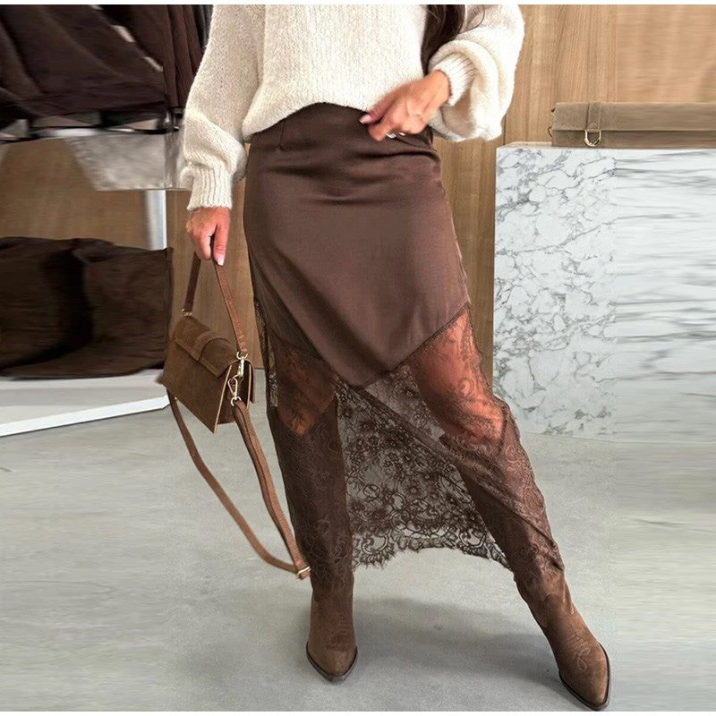 Satin Skirts Women Loose High Waist Patchwork Lace See Through Skirt Female 2025 Chic Solid Sexy Elegant Streetwears