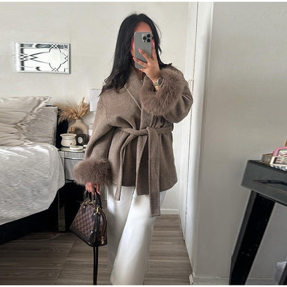 Lace-Up Short Overcoat Women's Coat Office Lady Elegant Woolen Furry Patchwork Long Sleeve Coats 2025 New Loose Cardigan Jackets