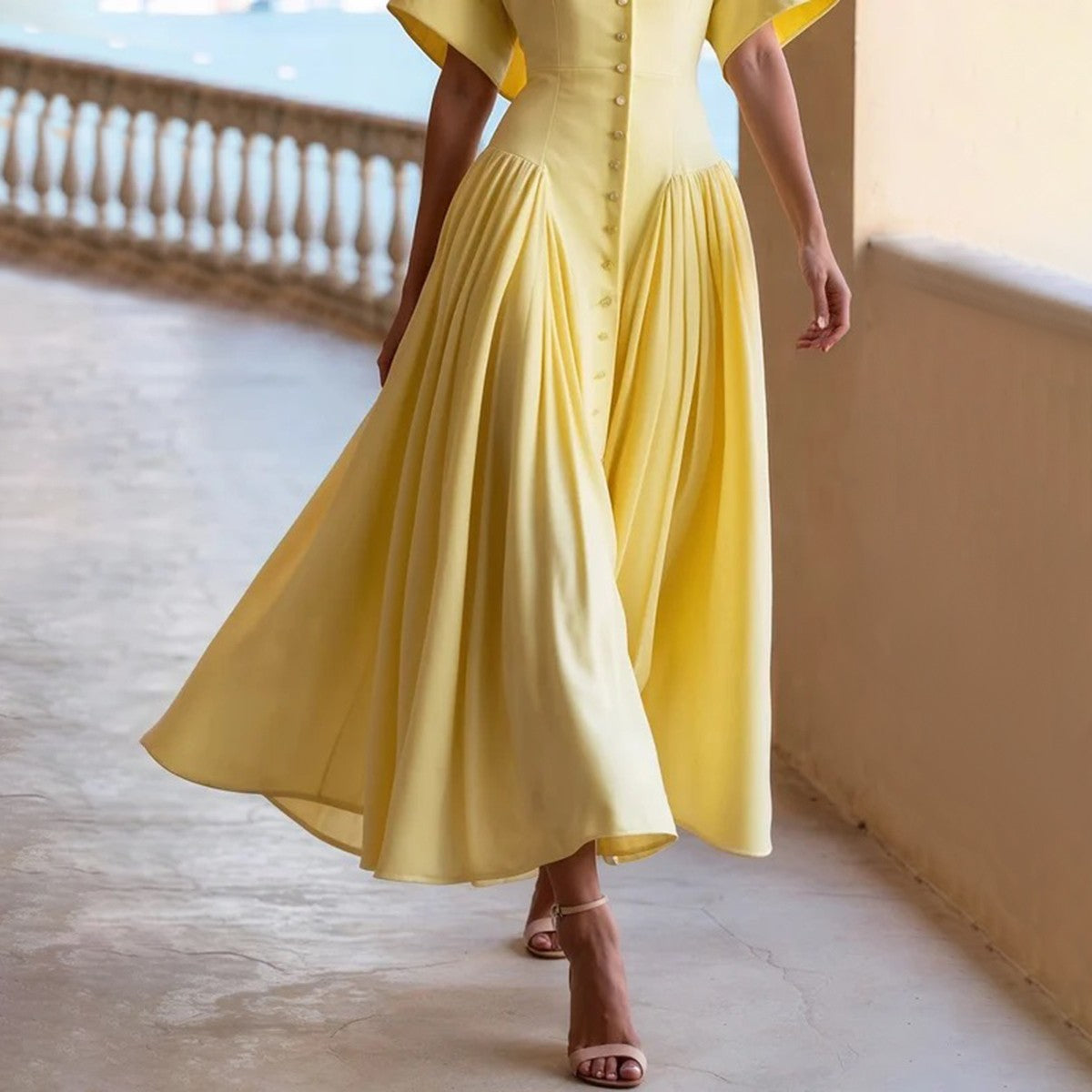 Modigirl Woman Summer Elegant Midi Dresses 2025 High Waist Lapel Neck Short Slee