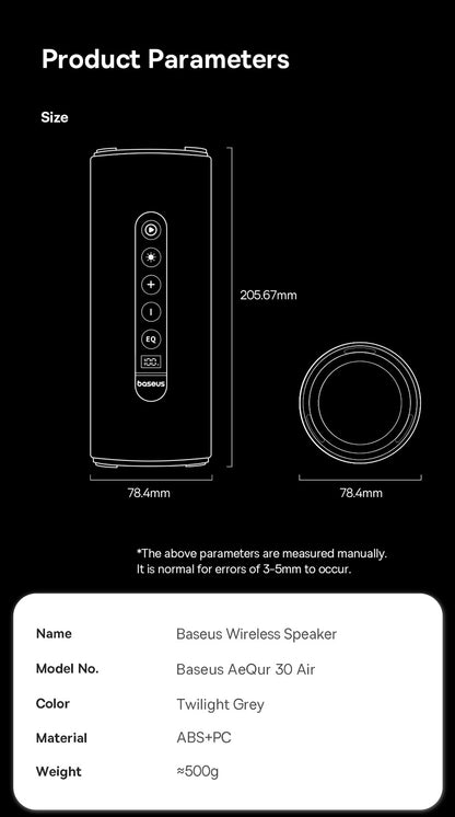 Baseus AeQur 30 Air Alto-falante Portátil Sem Fio Bluetooth 5.3 Emparelhamento TWS Display Digital 15H Reprodução de Áudio Caixa de Som para Acampamento IPX5