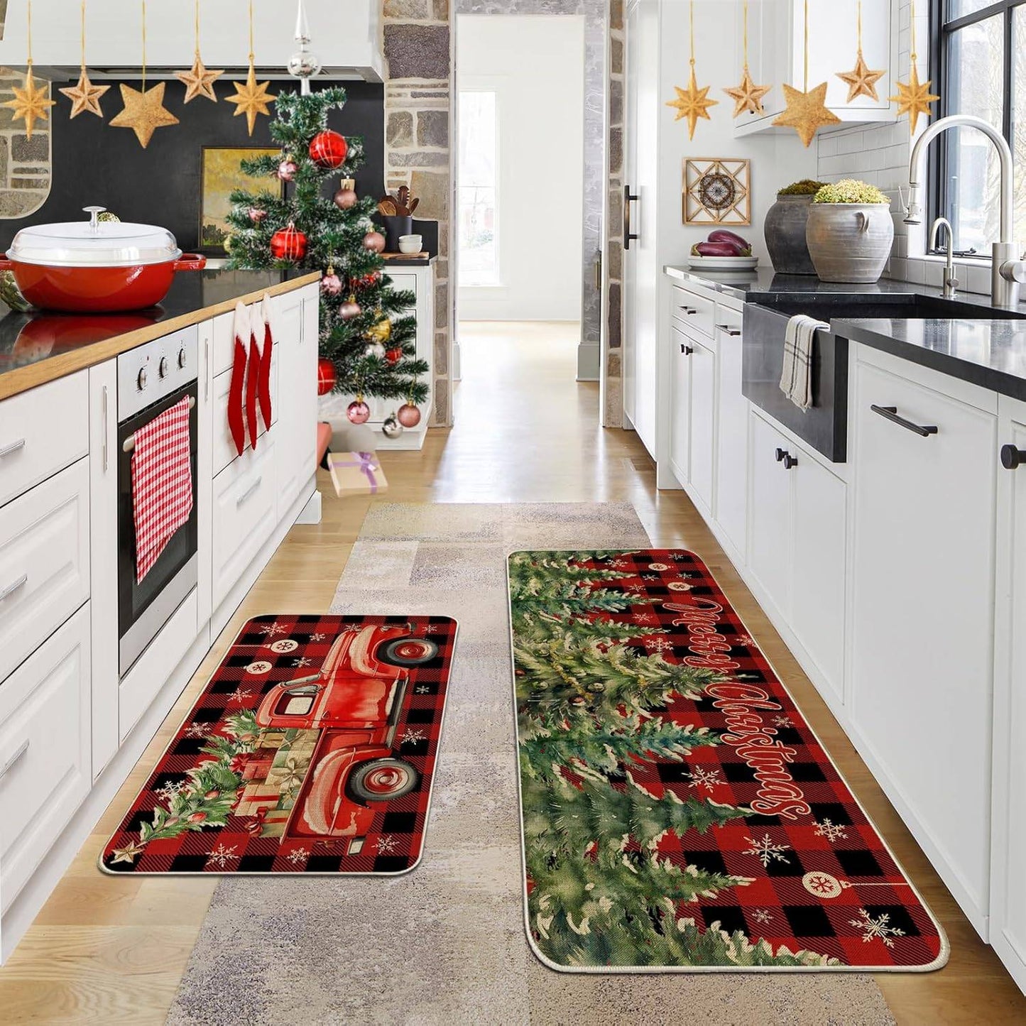 VIKAMA 1/2pcs Christmas Kitchen Rugs Truck Christmas Tree Bedroom Hallway Rugs Entry Welcome Doormat Home Decoration