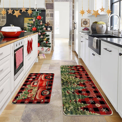 VIKAMA 1/2pcs Christmas Kitchen Rugs Truck Christmas Tree Bedroom Hallway Rugs Entry Welcome Doormat Home Decoration