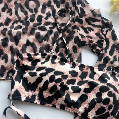 Long Sleeve 3 Piece Swimsuit High Cut Leopard Cover Up Push Up Bikini Separate Sports Bandage Bathing Suit Thong Swimwear 2025