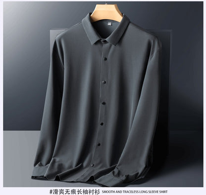 Stretch Elastic Stripe Men's Shirt Long Sleeve Classic Blouse Male Elegant Work Big Size Plus Large High Quality Ice Silk Social