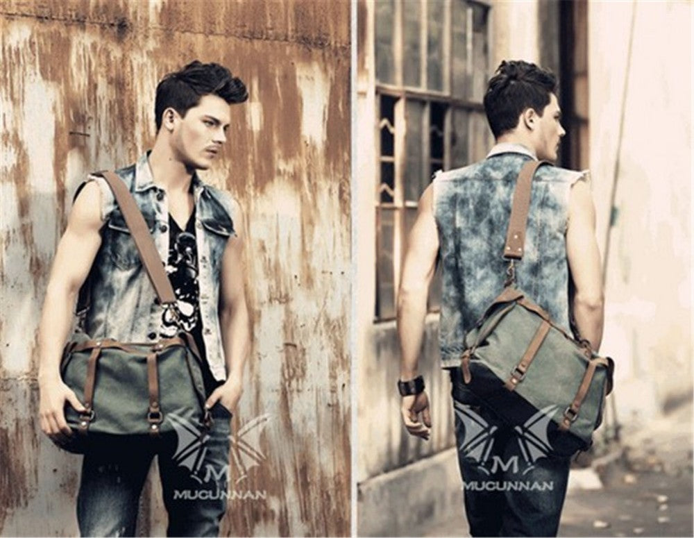 Vintage Military Canvas + Genuine Leather Men Shoulder Bag Sling Crossbody Bag Tote Handbag Men Canvas Messenger Bag  Leisure