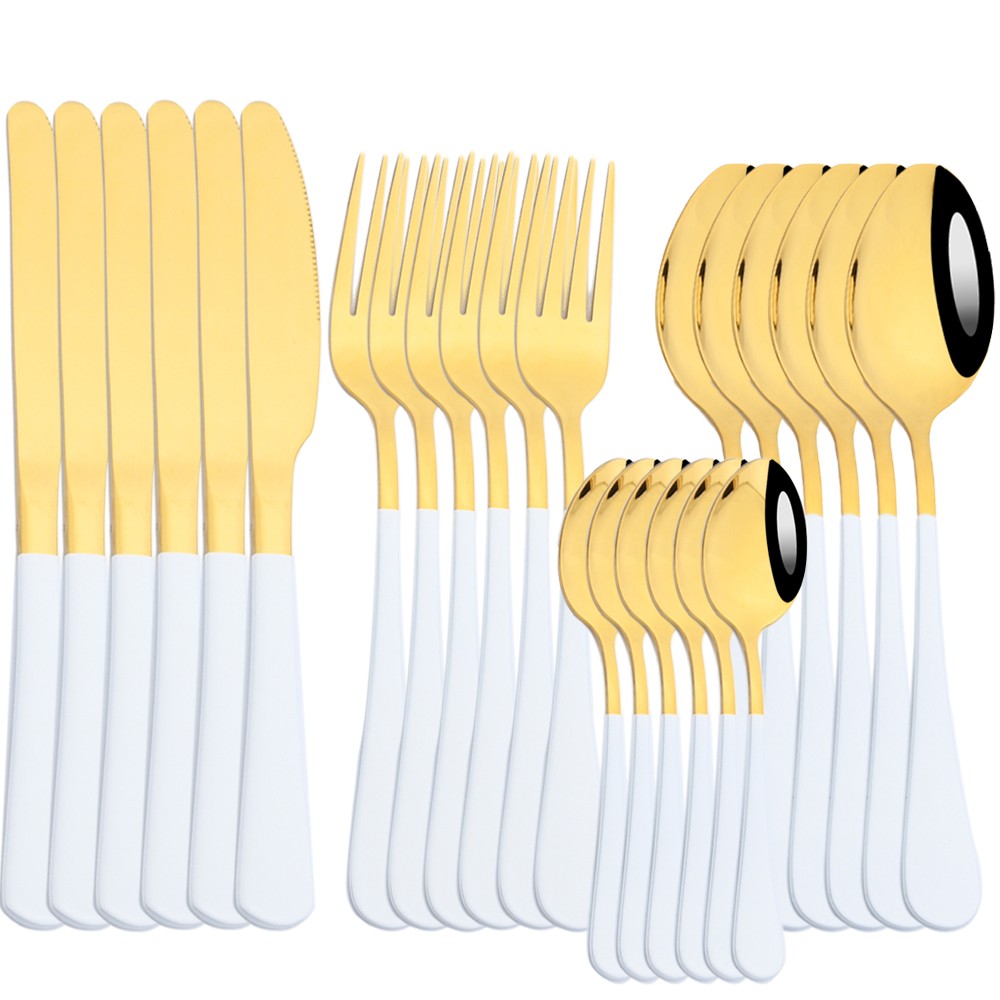 AJOYOUS Jogo de Louça de Aço Inoxidável Espelhado 24 Peças Talheres Ocidentais Faca Garfo Colher Conjunto de Talheres Utensílios de Cozinha Prateados