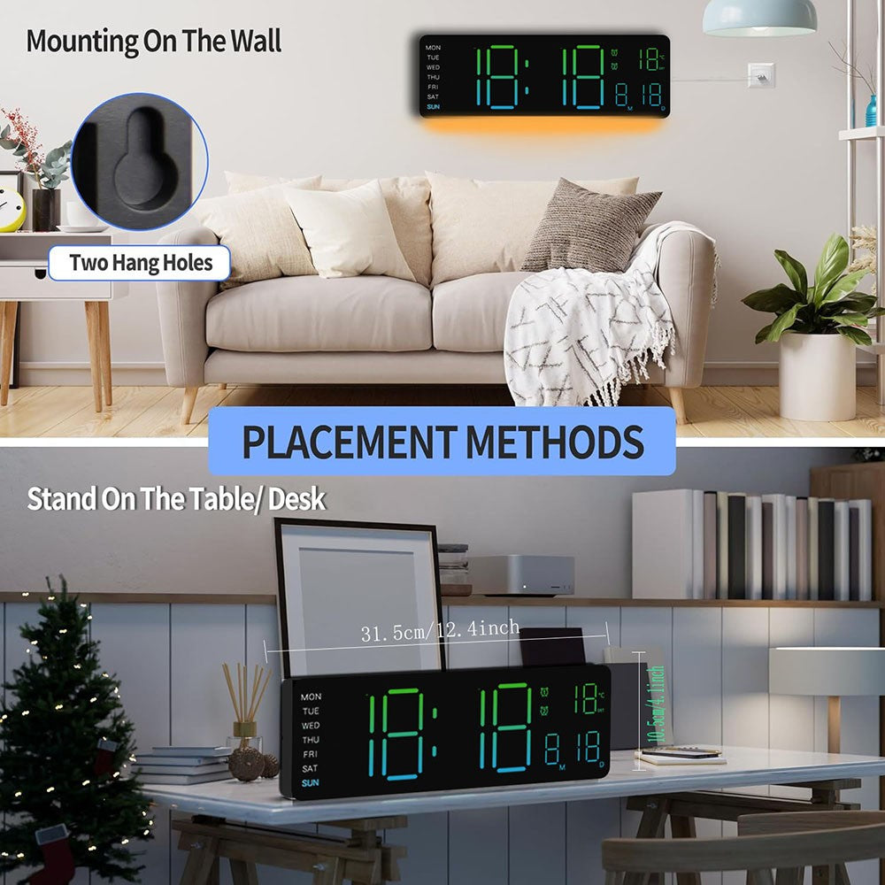 Digital LED Wall Clock with Remote Control Calendar Colorful Night Light Temperature for Living Room Bedroom Office Smart Home