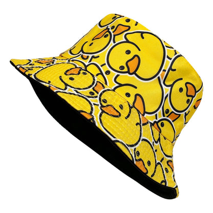 Fashionable Full-Print Duck Casual Bucket Hat, Cartoon Print Pattern Hat, Reversible Foldable Lightweight Design Flat-Top Hat, Unisex Casual Sun Hat, Suitable for Beach Vacations and Outdoor Leisure Activities