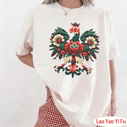 Polish Eagle Shirt Folk Art Christmas Design Clothes Botanical Flowers Tops Summer Women Retro Fashion Graphics Tees