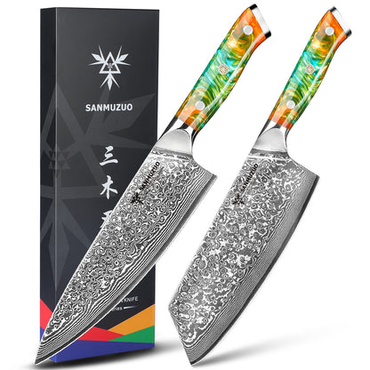 Conjunto de facas de cozinha SANMUZUO 2 peças - Série Xuan - Faca de Chef e Faca Nakiri em Aço Damasco VG10, Melhor Presente para Chefs - Cabo de Resina