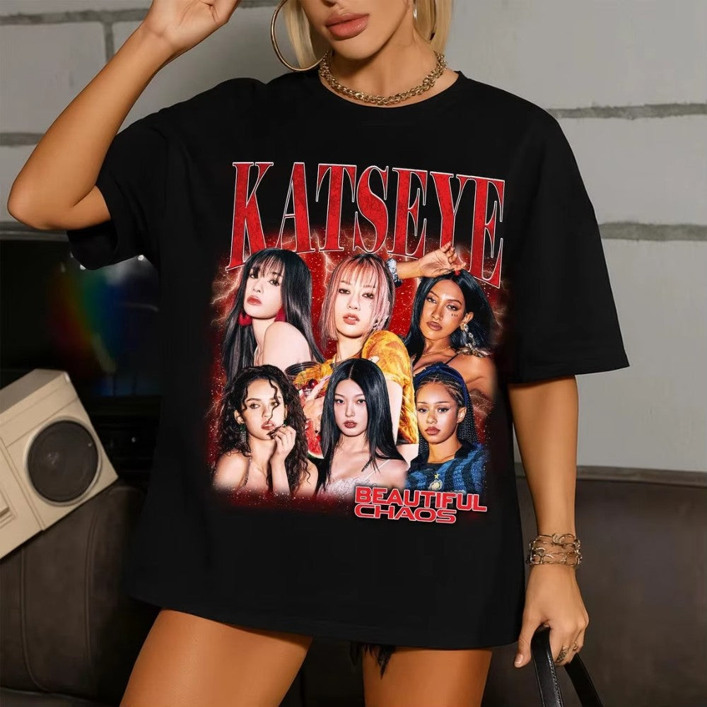 Retro Katseye Beautiful Chaos T-shirts Kpop Tee Woman and Man Oversized Tee Graphic Short Sleeve T-Shirt Unisex Men Women Summer