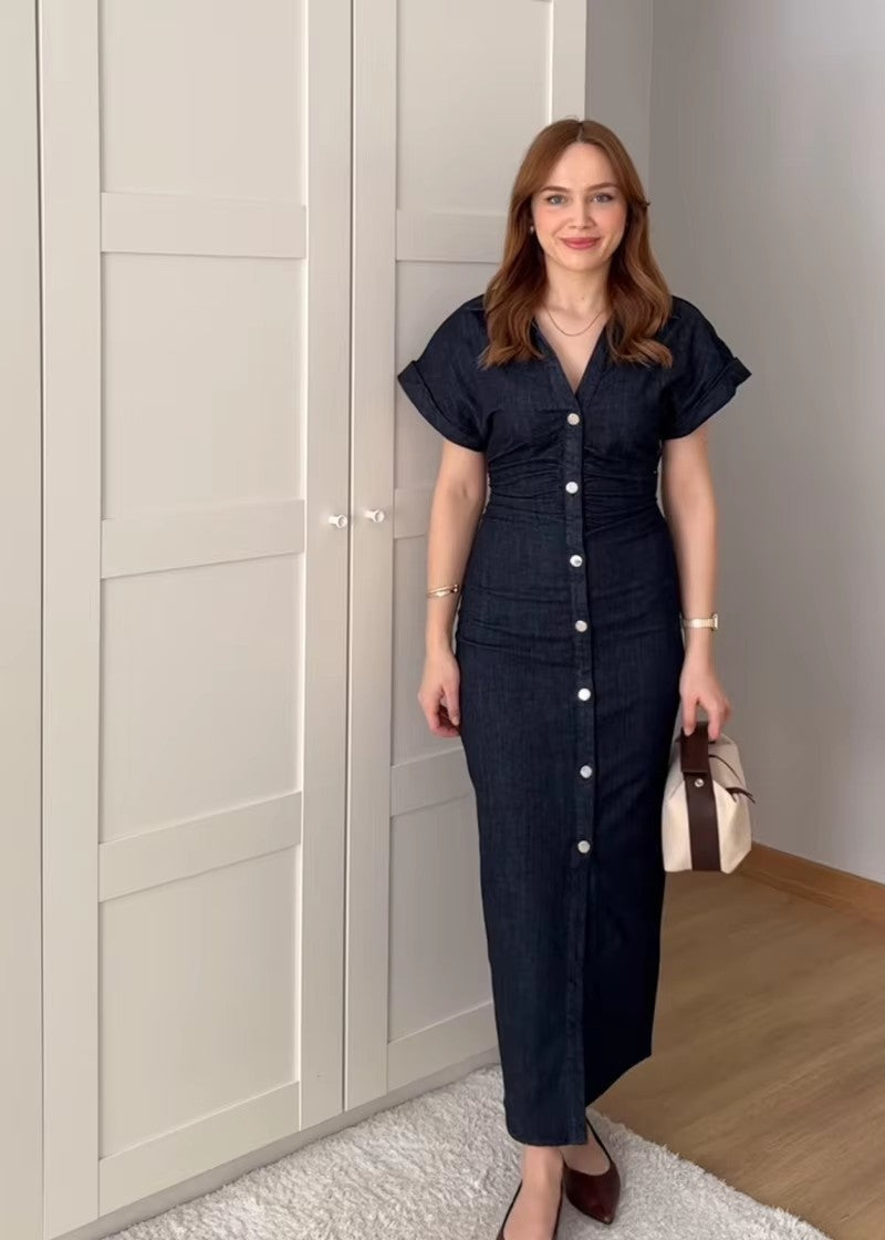 2025 traf Spring New 1975 series denim MIDI dress with lapel side zipper fashion