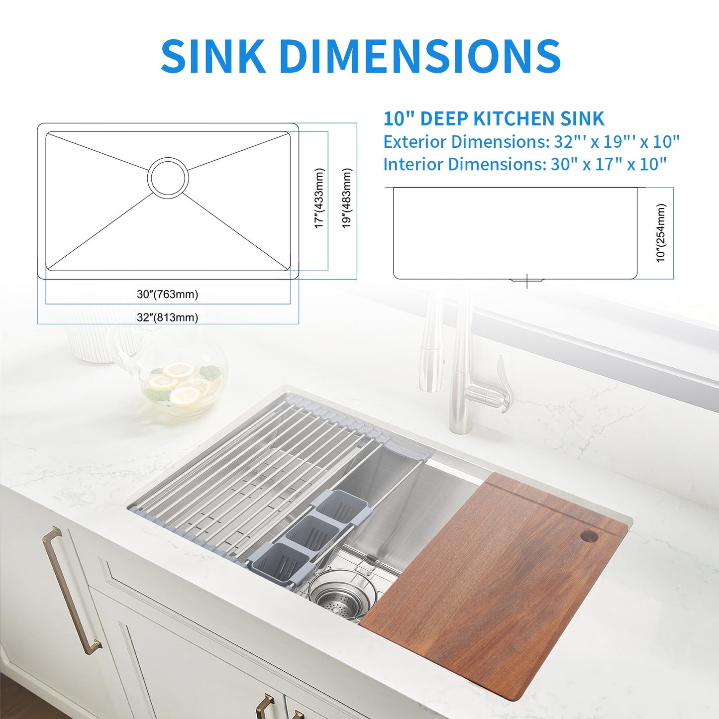 COZZIVITA KSSB32SS 32'' L Undermount Single Bowl Stainless Steel Kitchen Sink