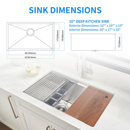 COZZIVITA KSSB32SS 32'' L Undermount Single Bowl Stainless Steel Kitchen Sink