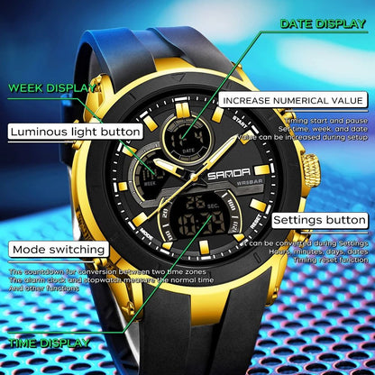 SANDA Mens Watches Countdown Waterproof Alarm Clock Wristwatch Multifunctional Luminous Men Quartz Digital Watch Alarm Clock